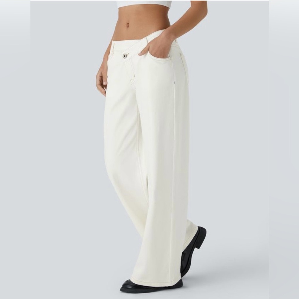 Halara Asymmetric Off White Stretch Denim Wide Leg Jeans Women's M Tall MT